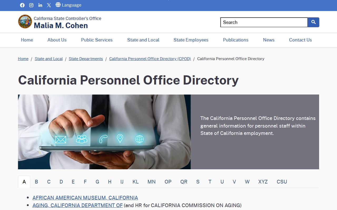 Upland people directories screenshot of the California Personnel Office Directory