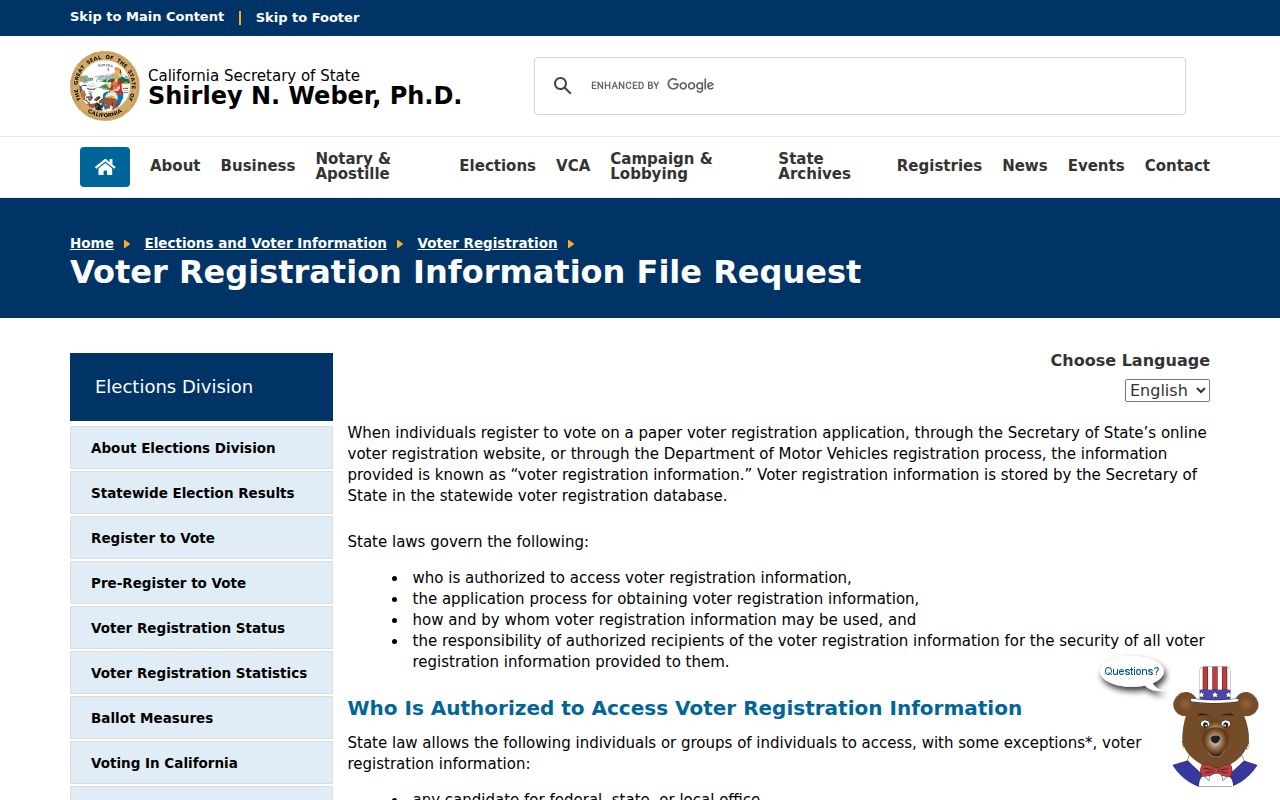 Upland voter registration file request rules from California Secretary of State